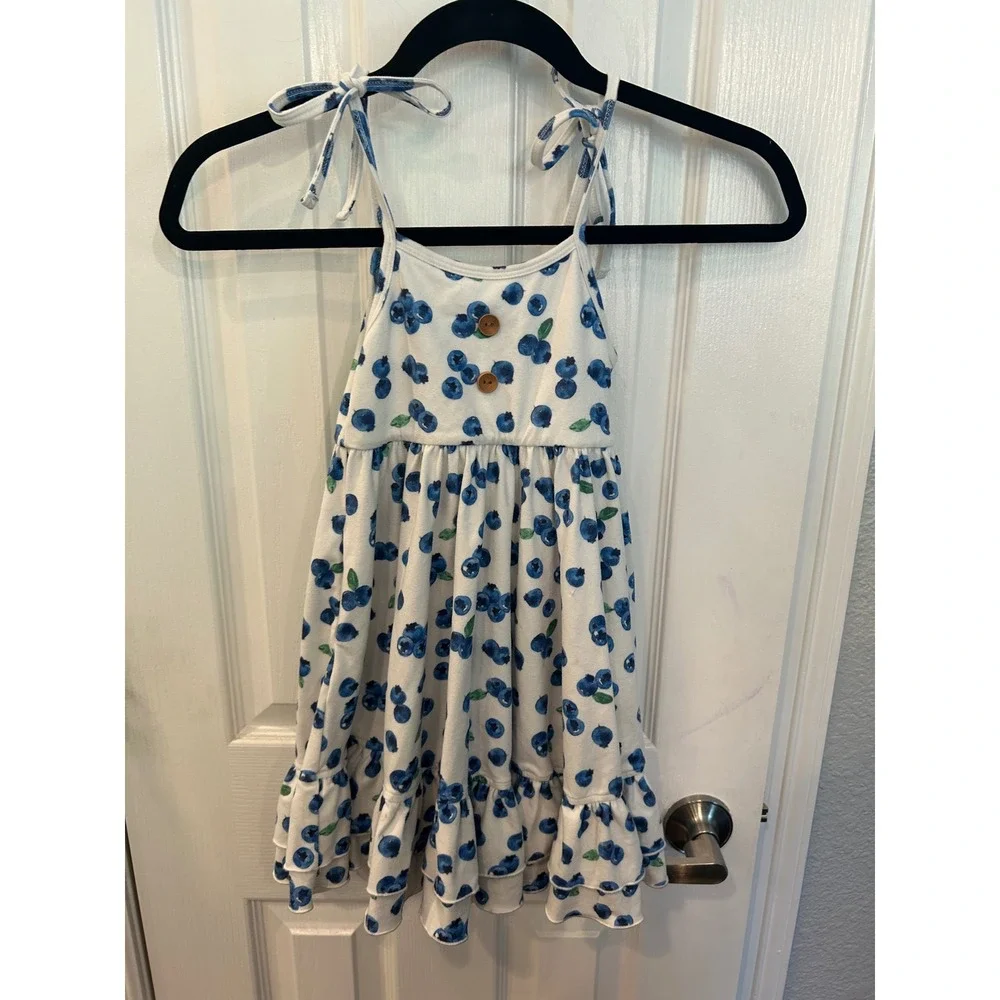 Boutique Blueberry Print Sundress White Blue Tie Shoulder Ruffle Hem Dress Bin A